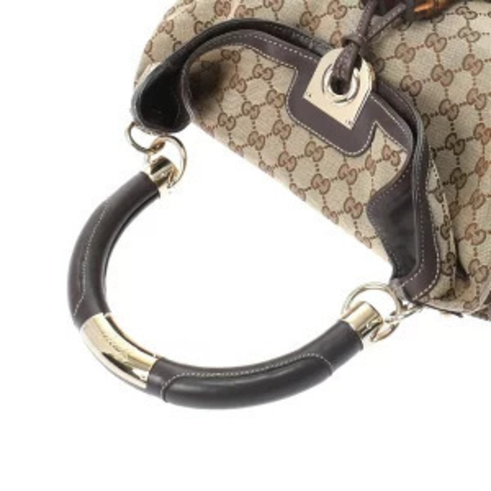 Gucci Beige Leather Handbag Canvas Bag Ebony Bamboo Brown GG - Picture 3 of 9